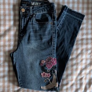 Aeropostale Women's Blue Jeans with Large Pink Floral Embroidery Design